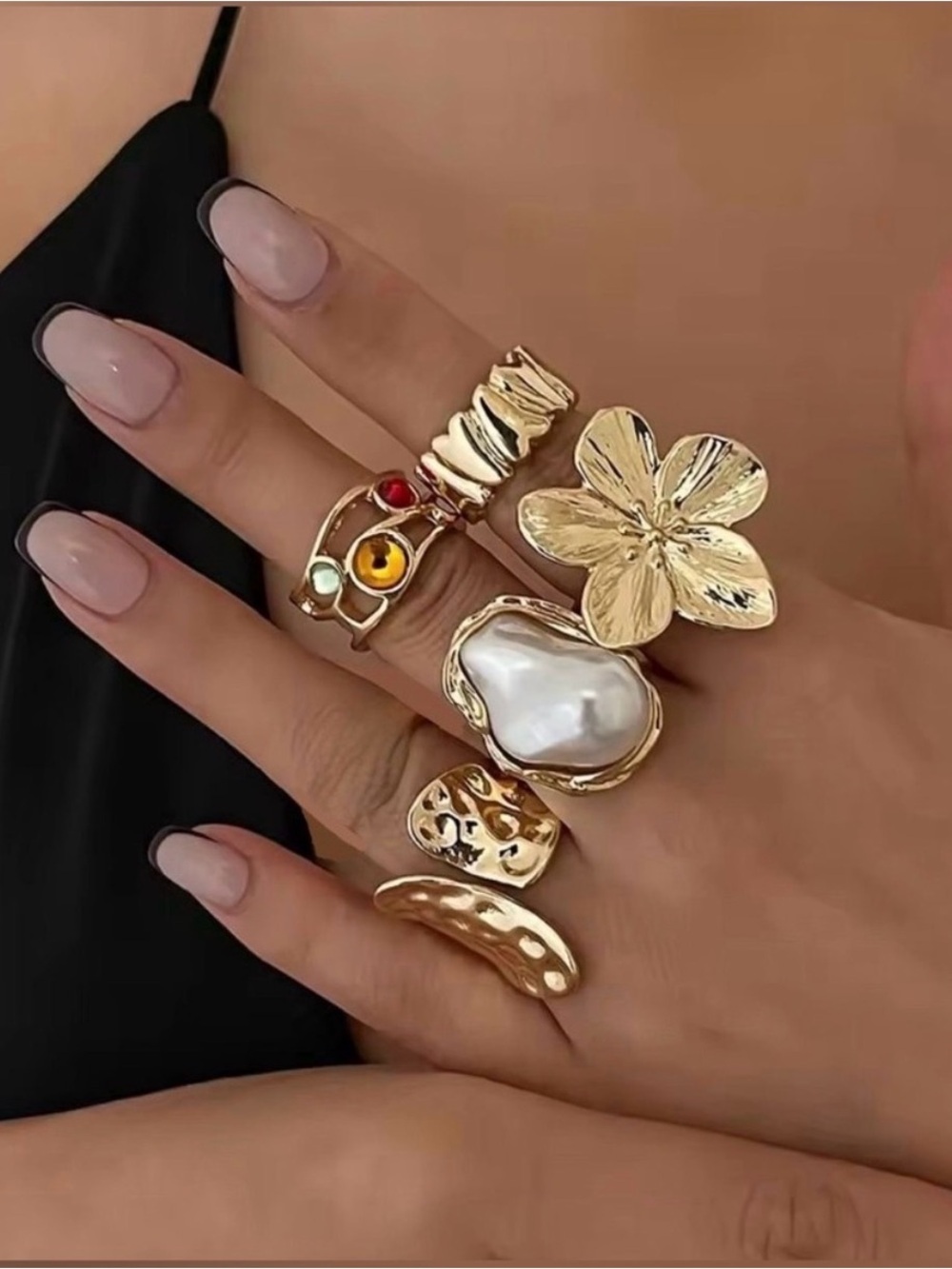 Gold-Tone Floral, Pearl & Gemstone Stackable Ring Set